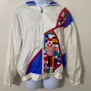 Vintage 90s Women's Athletic World Flags Color Block Windbreaker Jacket Medium‎